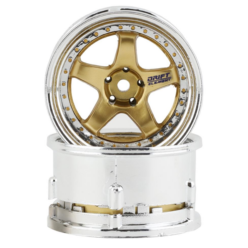 DS Racing Gold & Chrome 1/10 Drift Element 5-Spoke Drift Wheels 2pcs DE-018