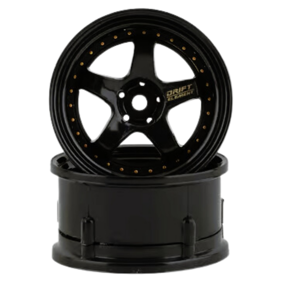 DS Racing 1/10 Drift Element 5 Spoke Drift Wheels w/12mm Hex (Triple Black w/Gold Rivets) 2pcs DE-007