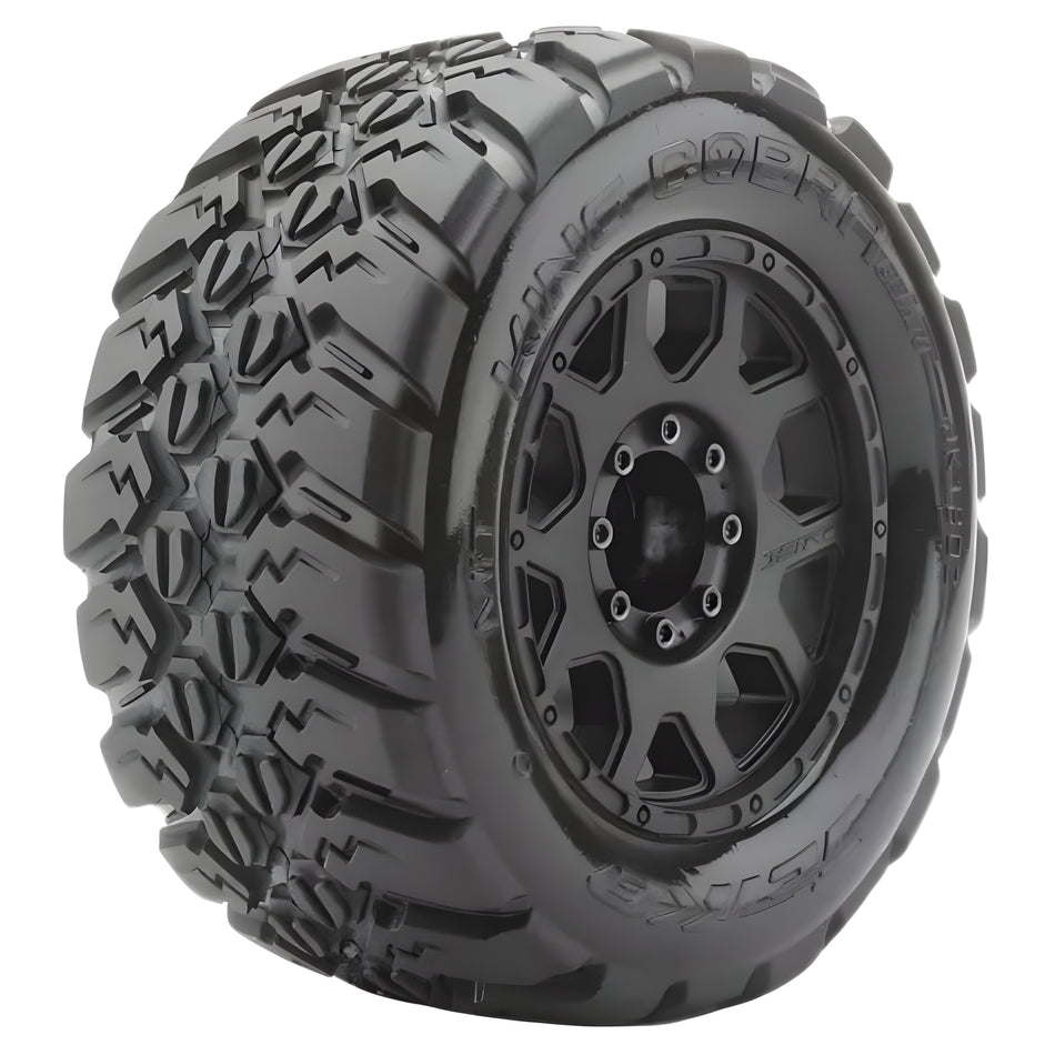 Jetko 3.6" King Cobra MT Medium Soft Belted Tyres (1/2" Off Set) Black Claw Rims Glued Wheels 2Pcs JKO1802CBMSGBB2