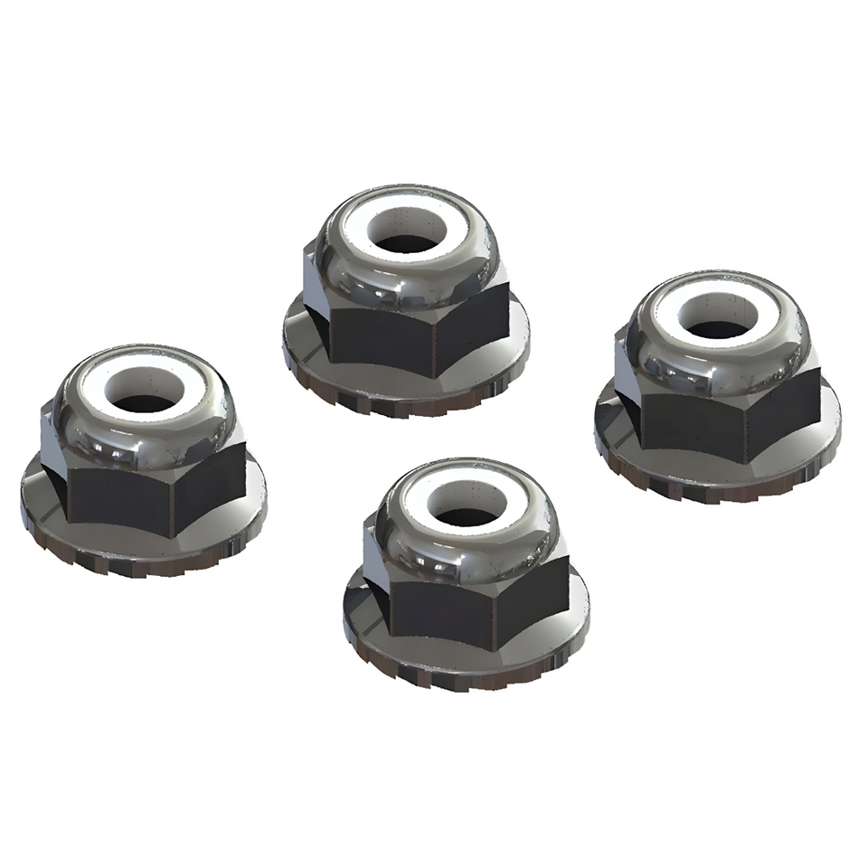 Arrma 4mm Nyloc Flanged M4 Locknut Set Silver (4pcs) ARA708008