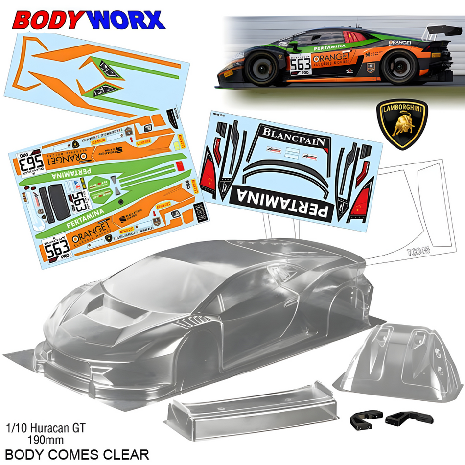 Bodyworx Lamborghini Huracan GT3 1/10 RC Clear Body 190mm BWX-N111