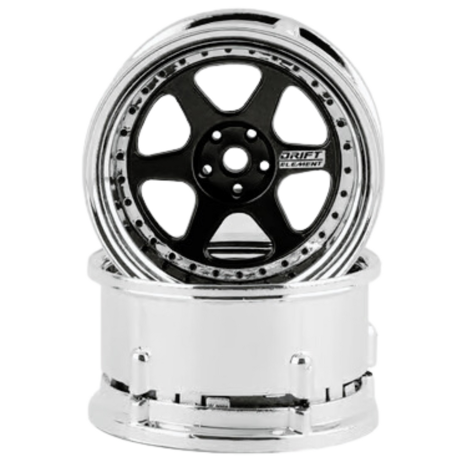 DS Racing 1/10 Drift Element 6 Spoke Drift Wheels w/12mm Hex (Black & Chrome) 2pcs DE-212