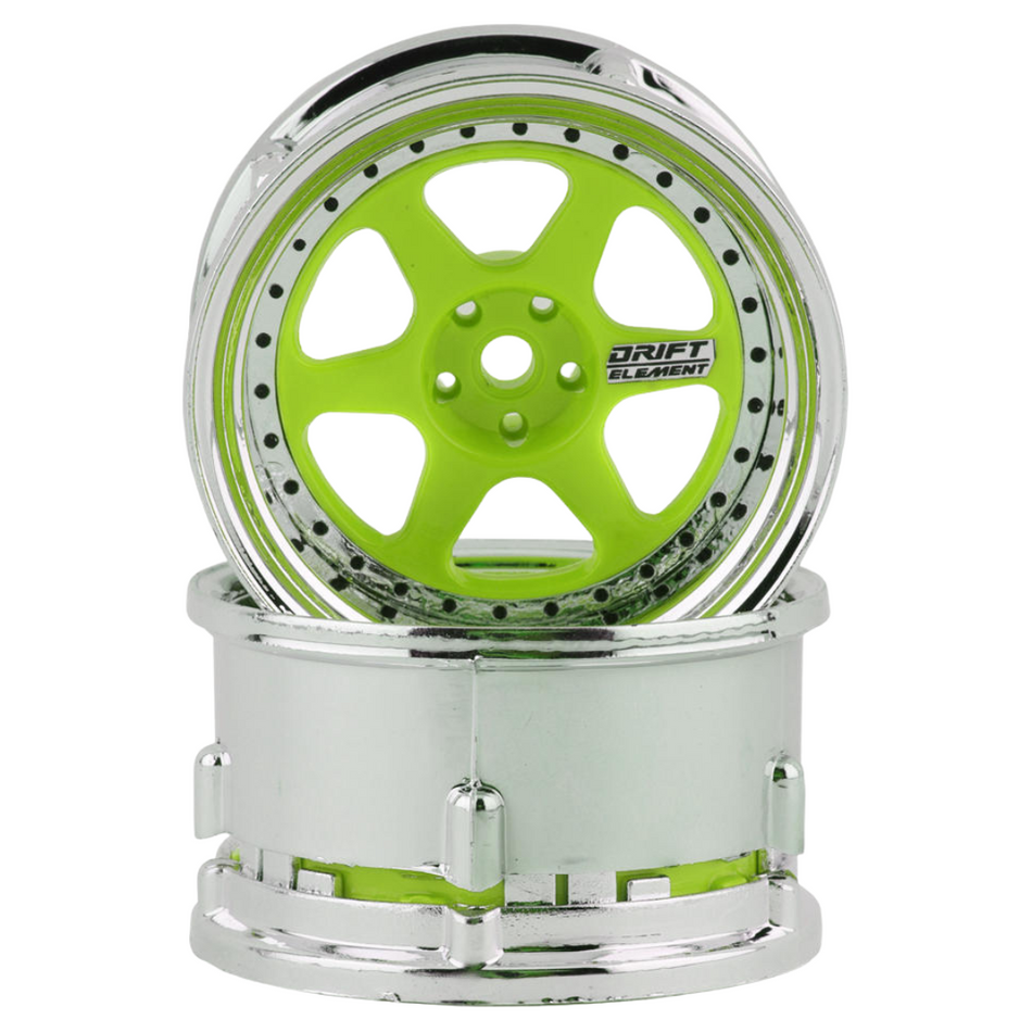 DS Racing 1/10 Drift Element 6 Spoke Wheels w/12mm Hex (Green Face/Chrome Lip/Black Rivets) 2pcs DE-226