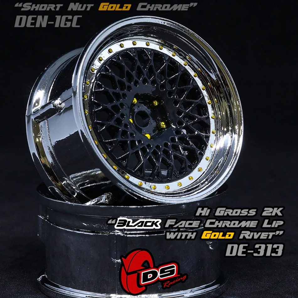 DS Racing DE Mesh 1/10 Drift Wheels w/ Gold Rivets (Black/Chrome) 2pc DE-313