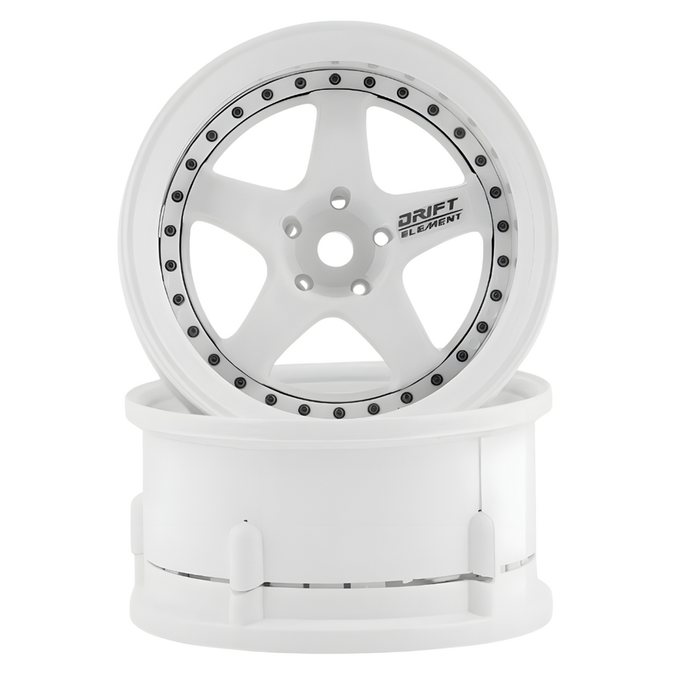 DS Racing Element 1/10 5-Spoke Drift Wheels w/ Black Rivets (Triple White) 2pc DE002