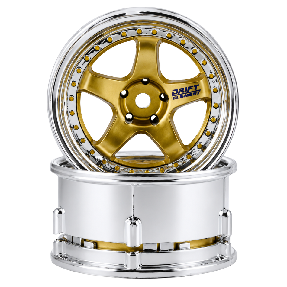 DS Racing Gold & Chrome 1/10 Drift Element 5-Spoke Drift Wheels 2pcs DE-018