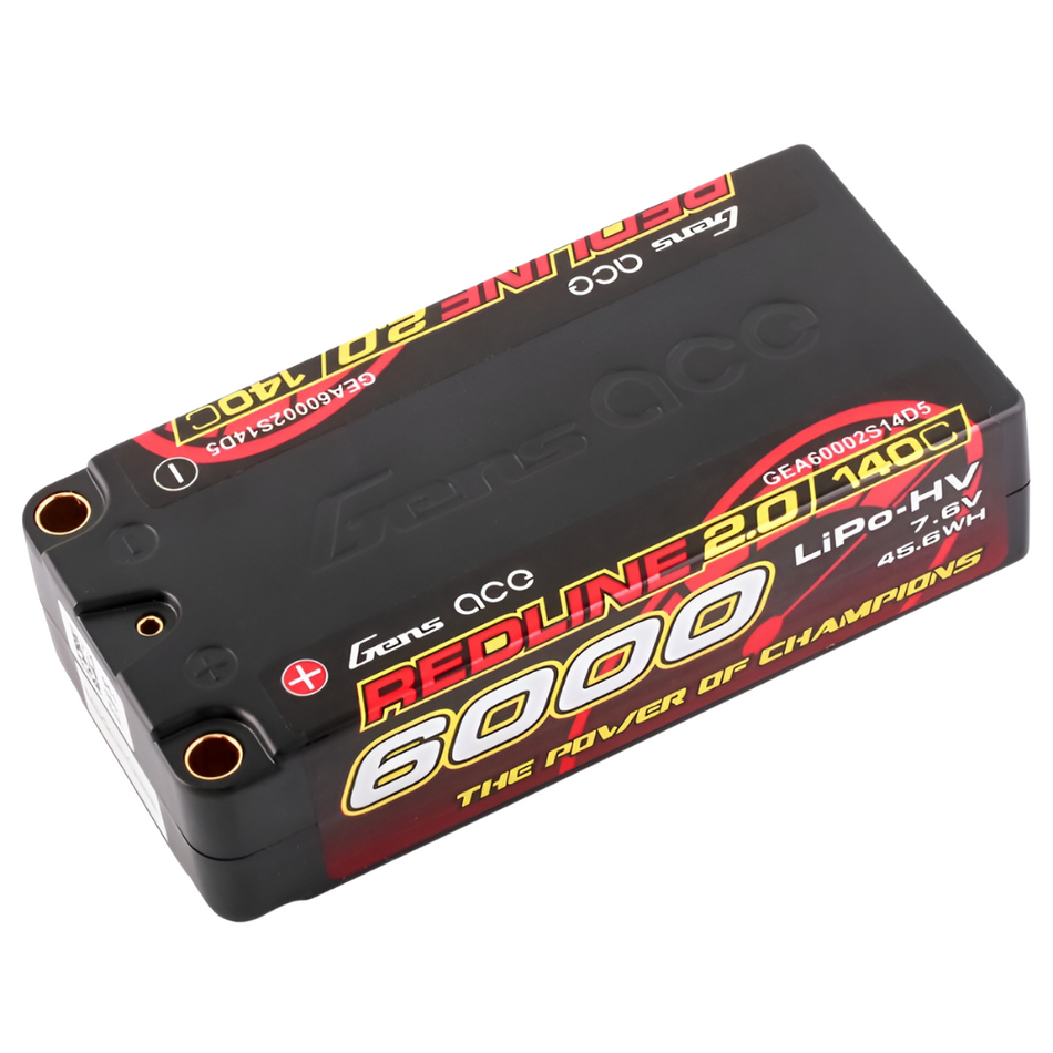 Gens Ace 2S Redline 2.0 6000mAh 7.6V 140C Hardcase Lipo Battery w/ 5mm Bullets GEA60002S14D