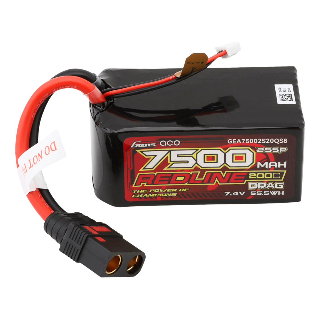 Gens Ace Redline 7500mAh 7.6V 2S Drag Race LiPo Battery 200C QS8 Plug ...