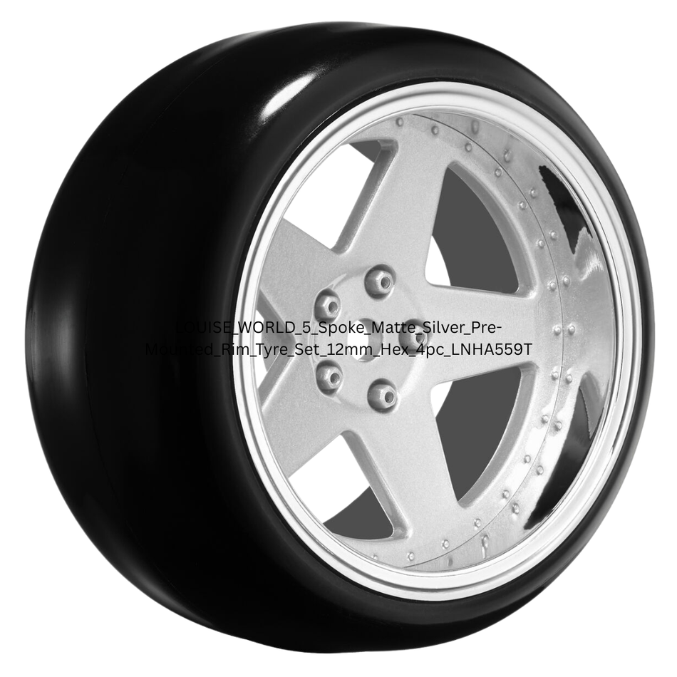 LOUISE WORLD 5 Spoke Matte Silver Pre-Mounted Rim Tyre Set 12mm Hex 4pc LNHA559T
