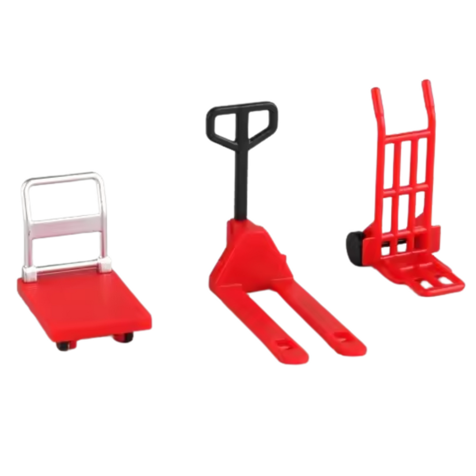 Mini Hand Trolley Pallet Jack Moving Set 3pcs Suits 1/10 RC Cars Diorama Red