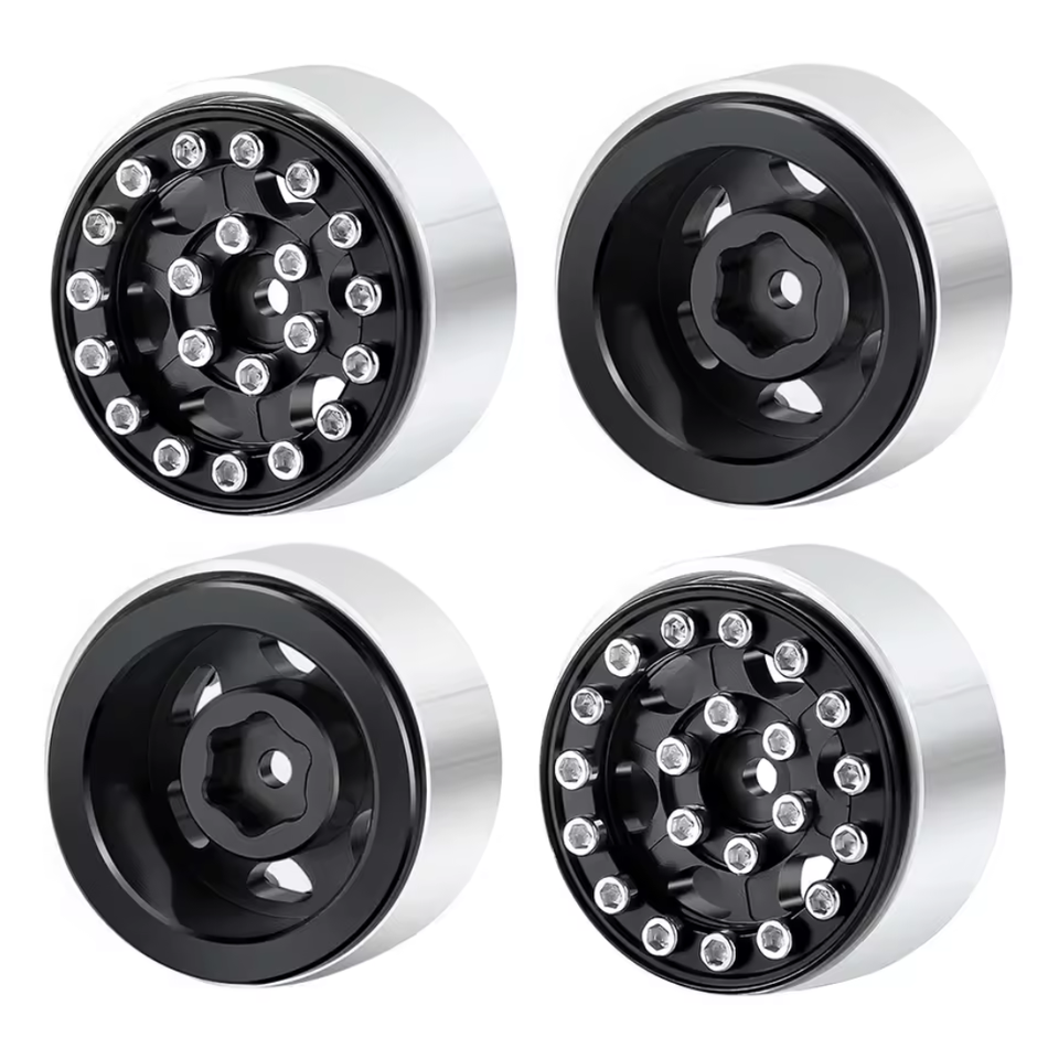 OZRC 1.0in Metal Beadlock Wheel Rims for SCX24 TRX4M 1/24 1/18 Crawler (Black 12) 4pcs