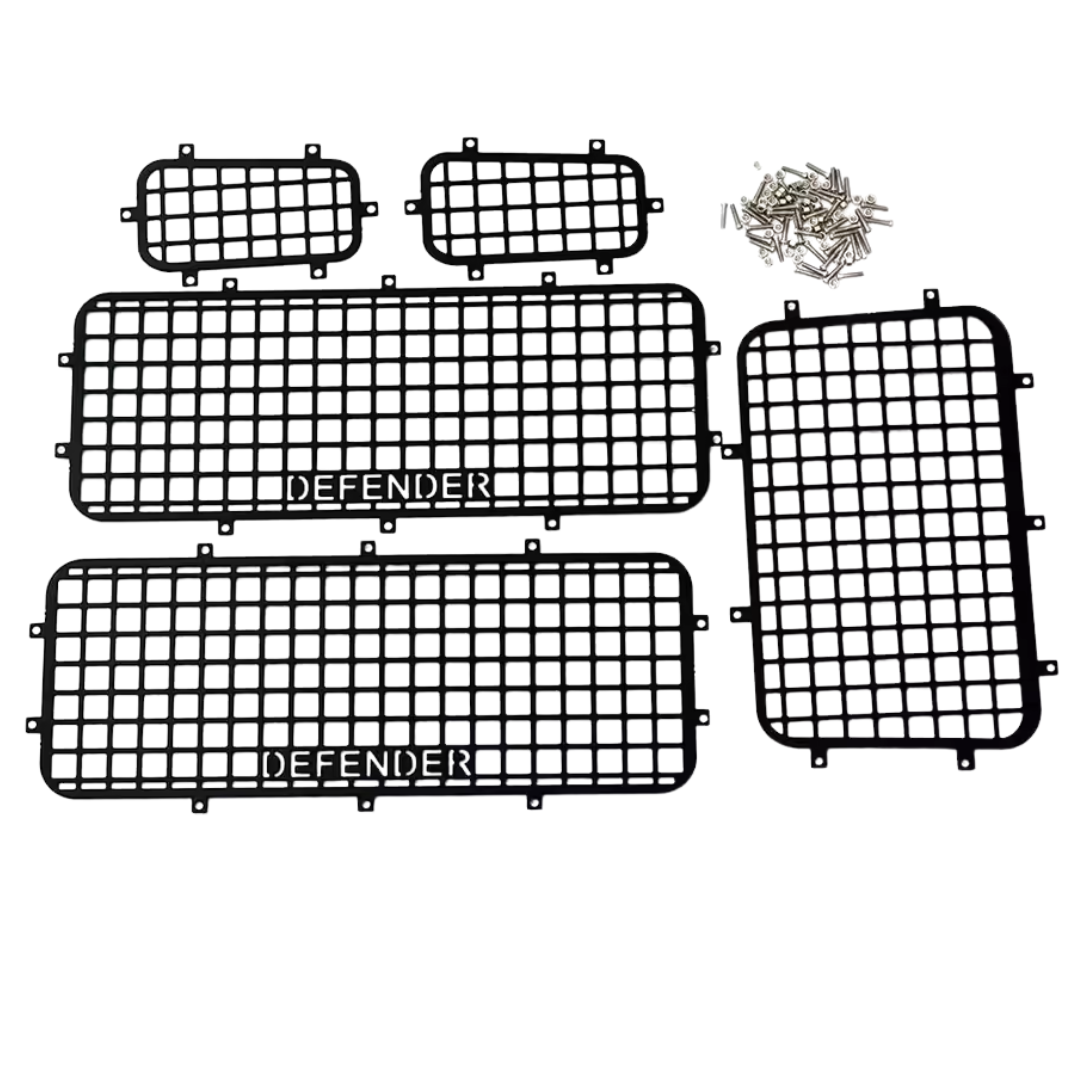 Set of black grid panels with 'Defender' branding on a white background