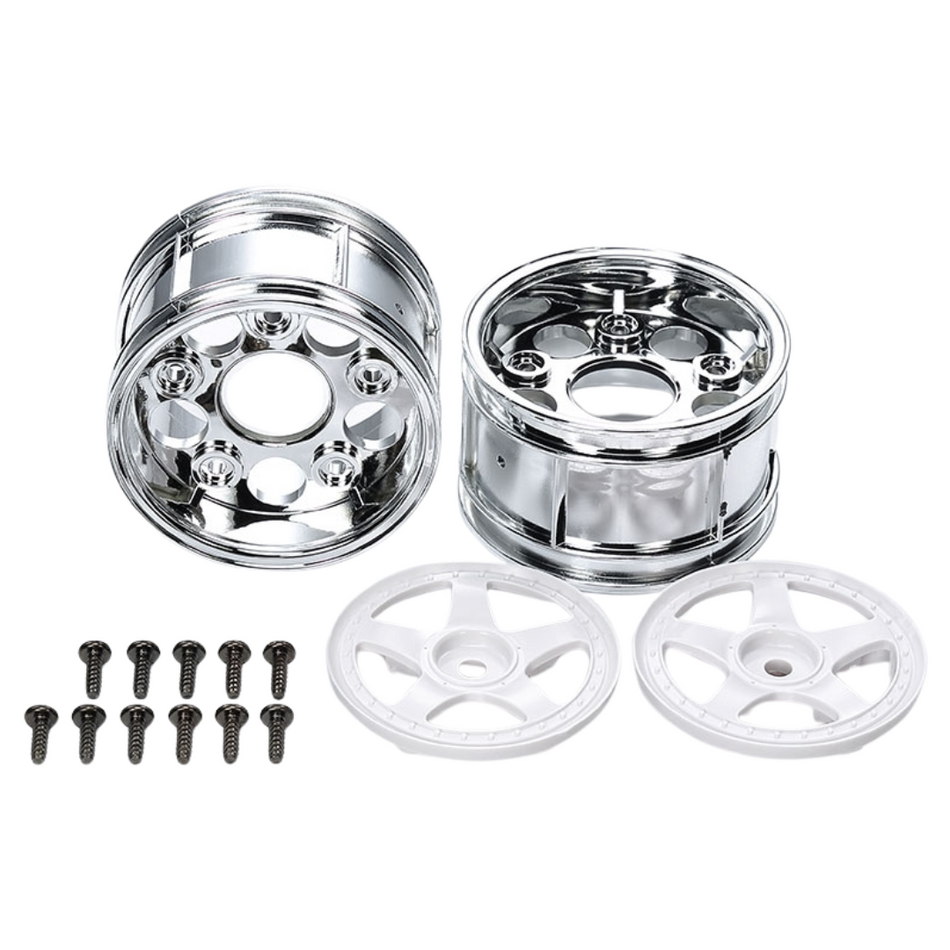 Tamiya RC 5 Spoke Two Piece Wide Wheels 12mm Hex White Chrome 50673