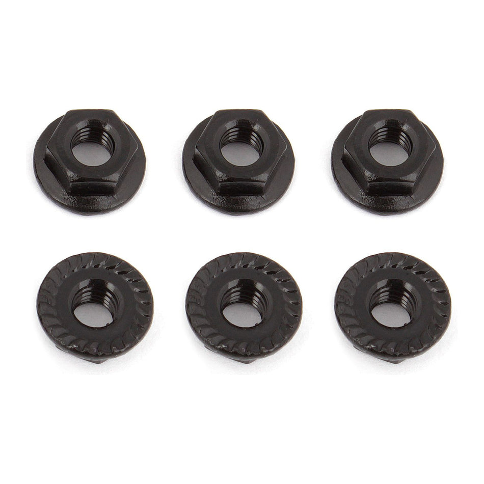 Wheel Nuts, M4, Serrated, flanged, black steel