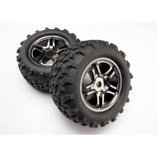 Traxxas 4983A Split Spoke Wheels Maxx Tyres 6.3in Outer Diameter Foam Inserts 2pc Black Chrome Use with 17mm Splined Wheel Hubs and Nuts Part No.5353X
