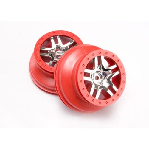 Traxxas 6872A 2WD Rear or 4WD SCT Split-Spoke Chrome with Red Beadlock Wheels Dual Prof ile (2.2 inch outer, 3.0 inch inner) 2pc