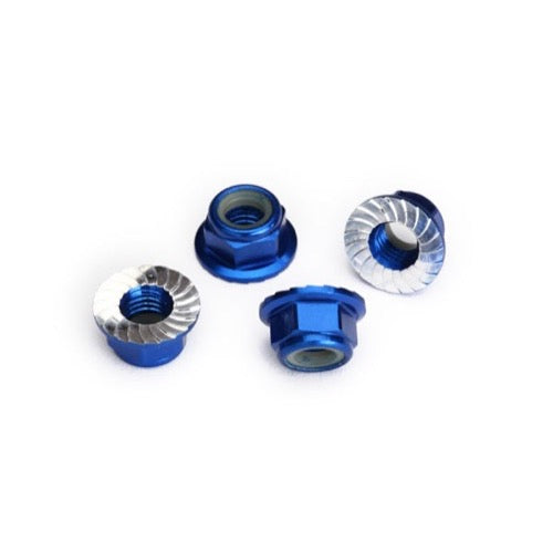 Traxxas 8447X Aluminium Nuts 5mm Flanged Nylon Locking Serrated Blue 4pc